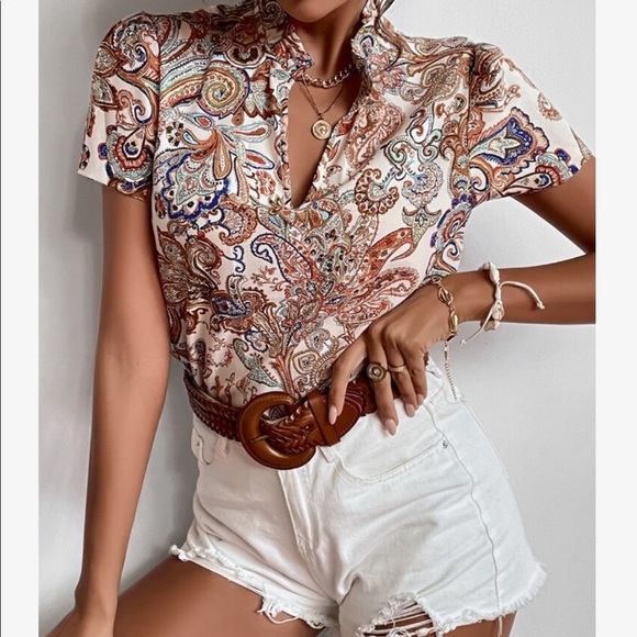 Boho Paisley Floral Print Notched Neck Top Blouse - Picture 4 of 10